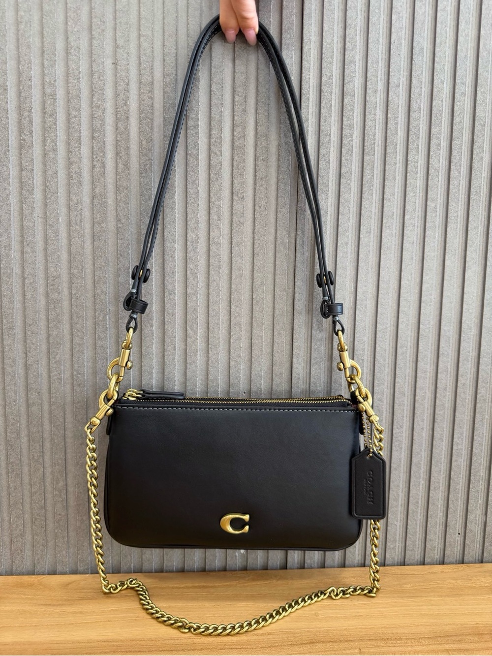 Coach Black Leather Shoulder Bag with Gold Hardware